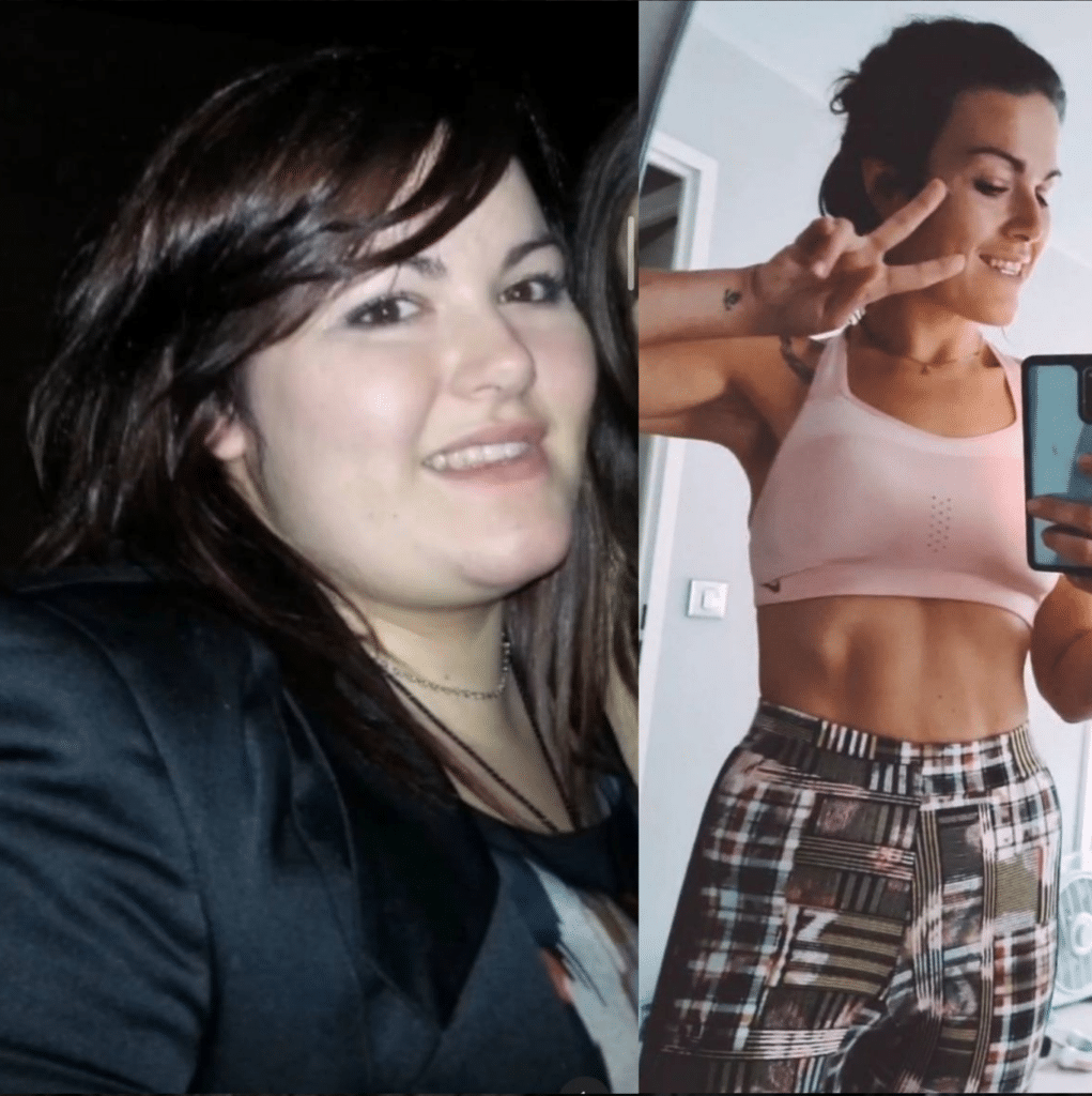 Transformation avant/après d'Amélie - membre du 20/80 Fit club : -40 kg de masse grasse