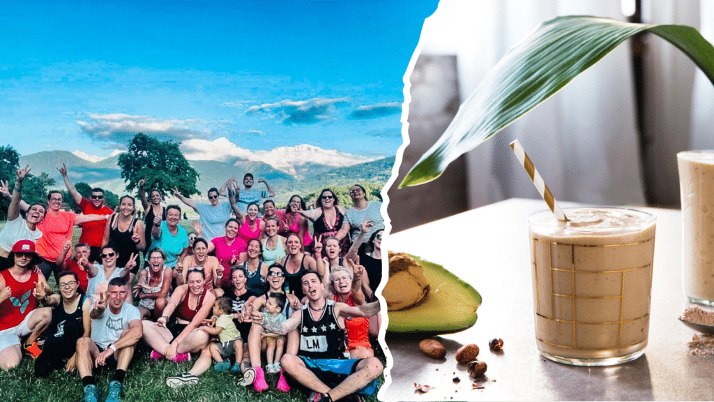 Groupe de participants du challenge 21 jours 20/80 Fit Club en plein air avec smoothie healthy à l'avocat.