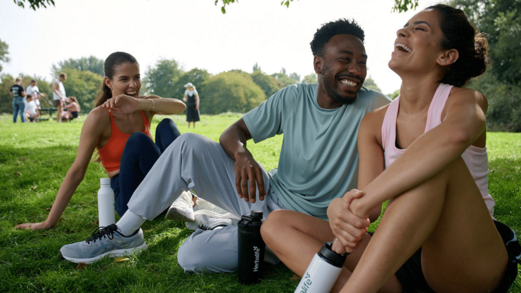 Trois sportifs souriants assis dans l'herbe après une séance en plein air – Le 2080 Fit Club Haute-Savoie
