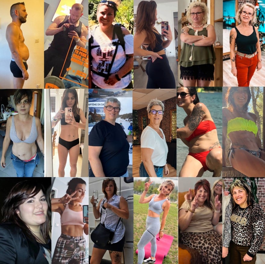 Résultats avant/après du challenge 21 jours 20/80 - transformations réelles de participants hommes et femmes