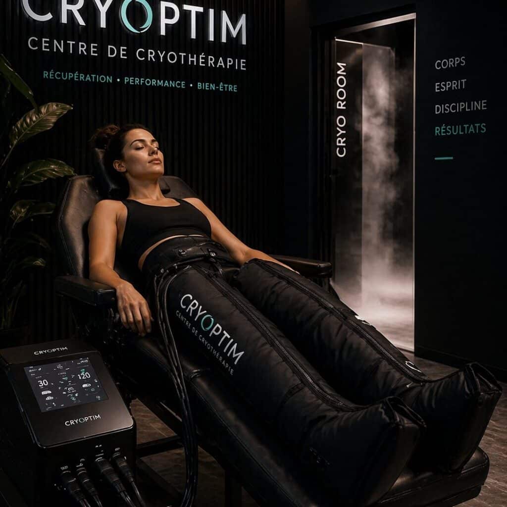 Femme en séance de cryothérapie Cryoptim au 20/80 Fit Club Haute Savoie