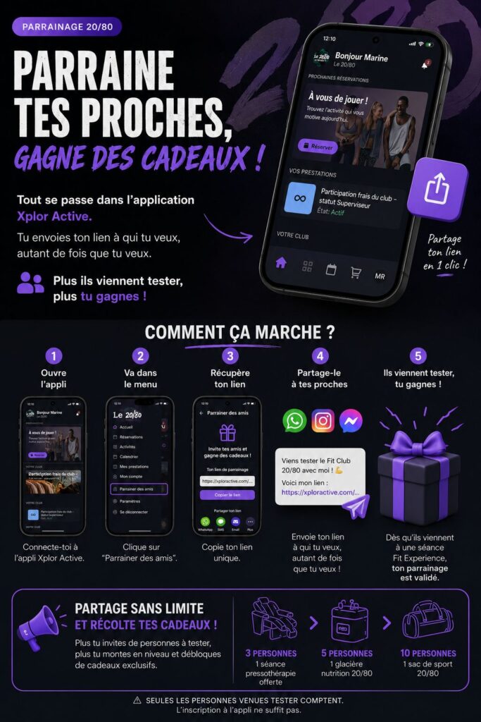 Flyer du programme de parrainage 20/80 Fit Club à Sallanches, parrainez vos amis via l'application Xplor Active et gagne des cadeaux exclusifs